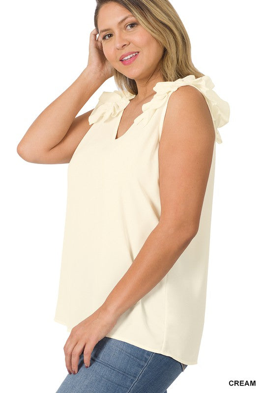 Zenana Plus Woven Wool Dobby Ruffle Trim Sleeveless Top **available in 9 colors