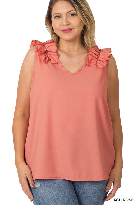 Zenana Plus Woven Wool Dobby Ruffle Trim Sleeveless Top **available in 9 colors