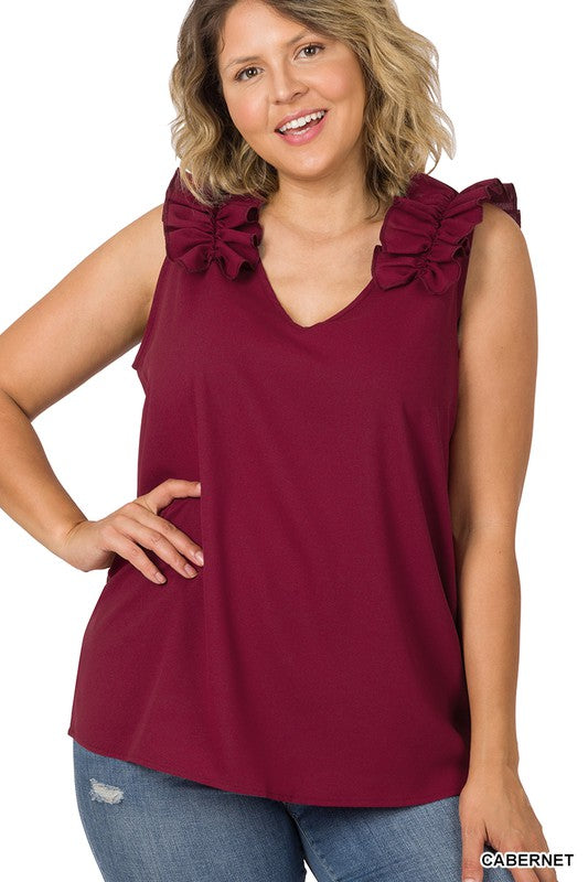 Zenana Plus Woven Wool Dobby Ruffle Trim Sleeveless Top **available in 9 colors