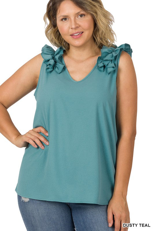 Zenana Plus Woven Wool Dobby Ruffle Trim Sleeveless Top **available in 9 colors