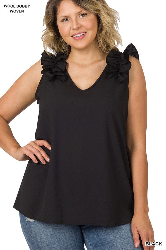 Zenana Plus Woven Wool Dobby Ruffle Trim Sleeveless Top **available in 9 colors