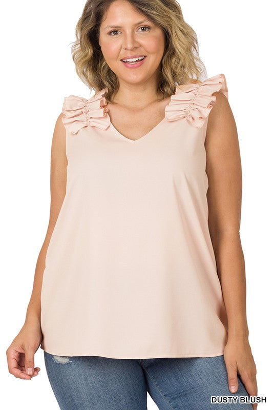 Zenana Plus Woven Wool Dobby Ruffle Trim Sleeveless Top **available in 9 colors