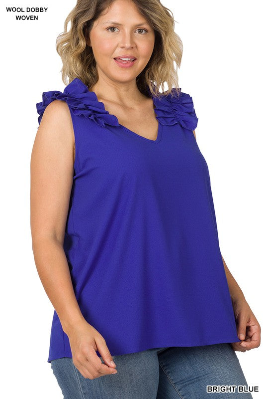 Zenana Plus Woven Wool Dobby Ruffle Trim Sleeveless Top **available in 9 colors