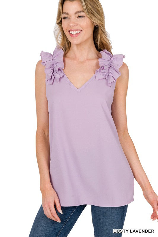 Zenana Woven Wool Dobby Ruffle Trim Sleeveless Tank **also in dusty teal, rose, and cabernet