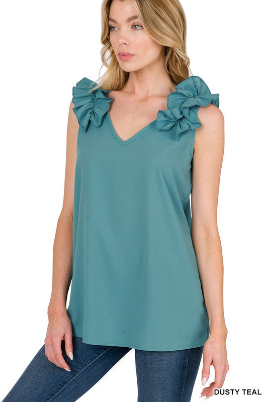 Zenana Woven Wool Dobby Ruffle Trim Sleeveless Tank **also in dusty teal, rose, and cabernet