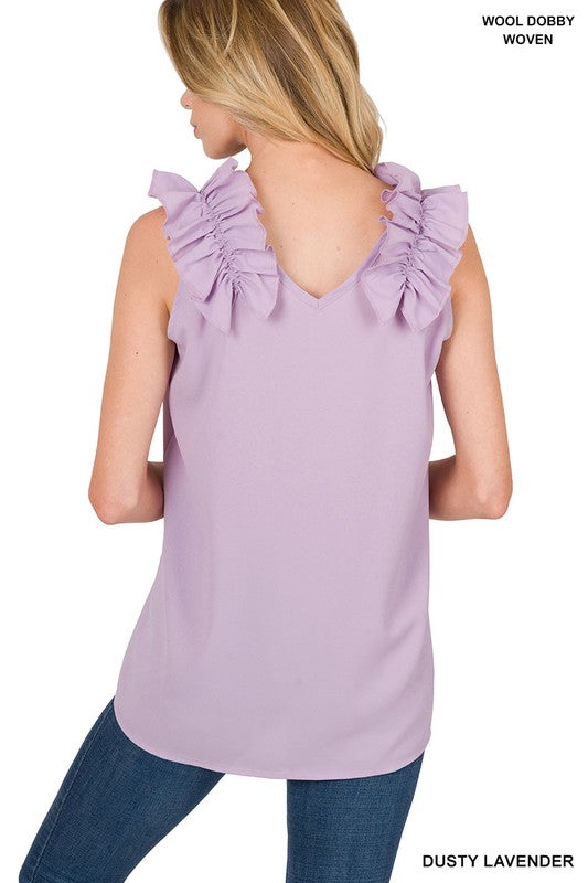 Zenana Woven Wool Dobby Ruffle Trim Sleeveless Tank **also in dusty teal, rose, and cabernet