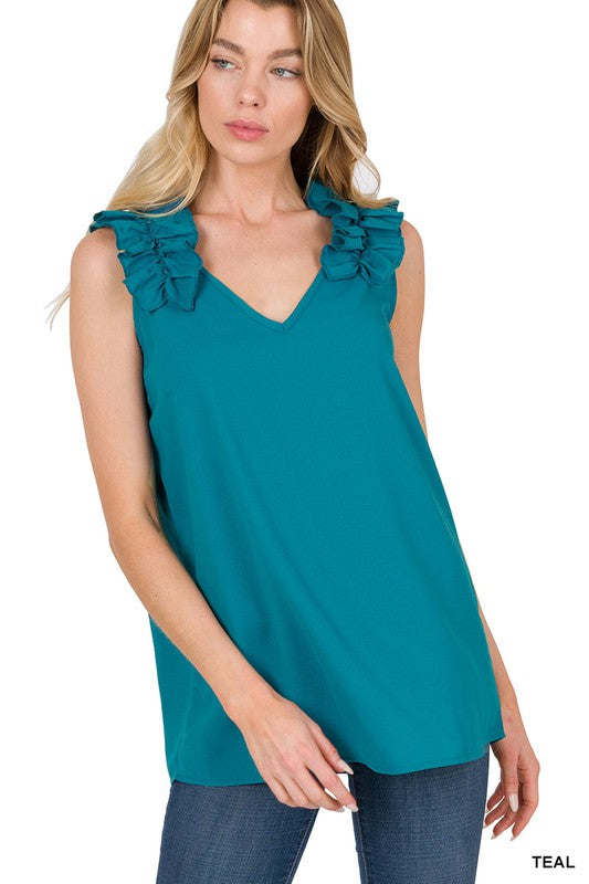 Zenana Woven Wool Dobby Ruffle Trim Sleeveless Tank **also in dusty teal, rose, and cabernet