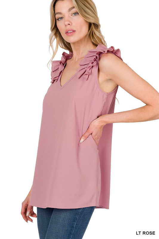 Zenana Woven Wool Dobby Ruffle Trim Sleeveless Tank **also in dusty teal, rose, and cabernet