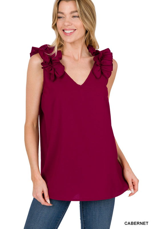 Zenana Woven Wool Dobby Ruffle Trim Sleeveless Tank **also in dusty teal, rose, and cabernet