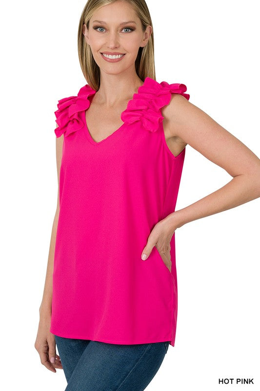 Zenana Woven Wool Dobby Ruffle Trim Sleeveless Tank **also in dusty teal, rose, and cabernet