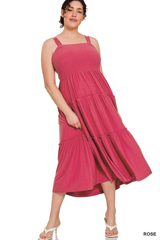 Plus Smocked Tiered Midi Dress **available in 9 colors