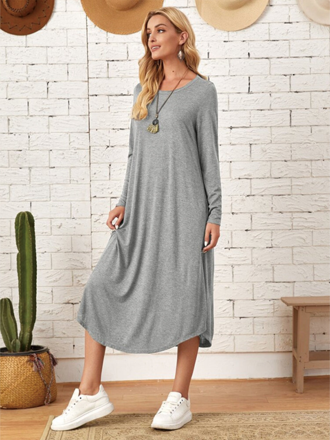 Pocketed Round Neck Long Sleeve Tee Dress **also in grey, black, burgundy, yellow green, and dusty blue