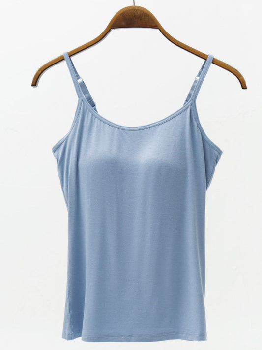 Modal cami in light blue featuring adjustable straps and a built-in bra.