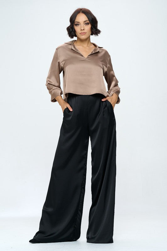 Renee C. Stretch Satin Pants Elastic Waist and Pockets