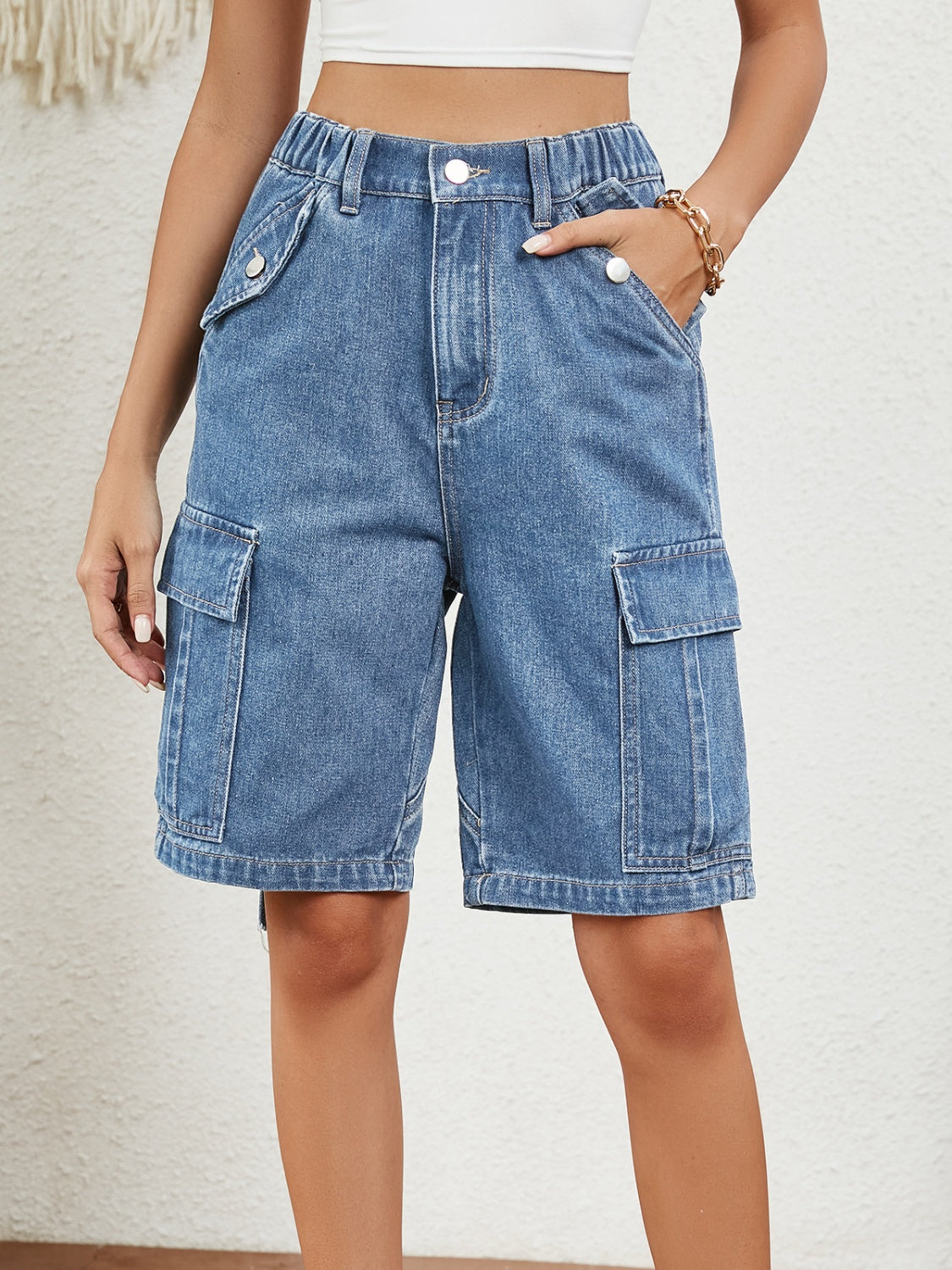 High Waist Denim Shorts with Pockets **also in medium blue, tan, and black