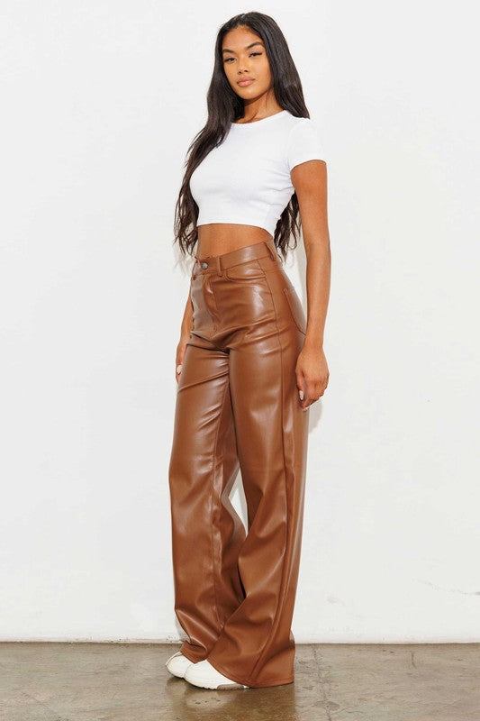 VIBRANT MIU Vegan Leather Wide Leg Pants