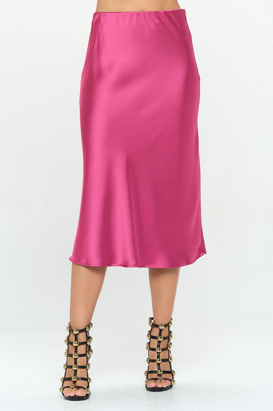 Renee C. Solid Stretch Satin Midi Skirt