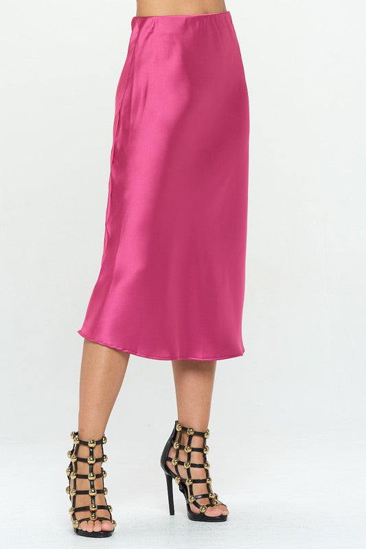 Renee C. Solid Stretch Satin Midi Skirt