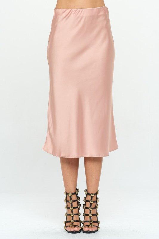 Renee C. Solid Stretch Satin Midi Skirt (Made in USA)