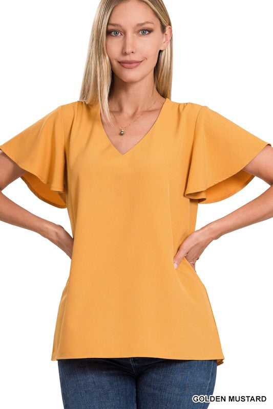 Zenana Woven Flutter Sleeve V-Neck Top **also available in mustard