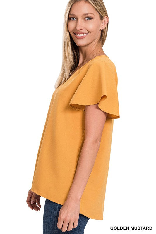 Zenana Woven Flutter Sleeve V-Neck Top **also available in mustard