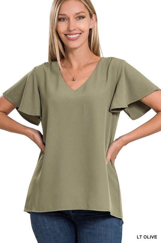 Zenana Woven Flutter Sleeve V-Neck Top **also available in mustard