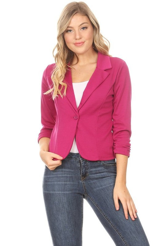 Moa Collection Waist Length Button Front Blazer with Ruched Sleeves **available in 14 colors