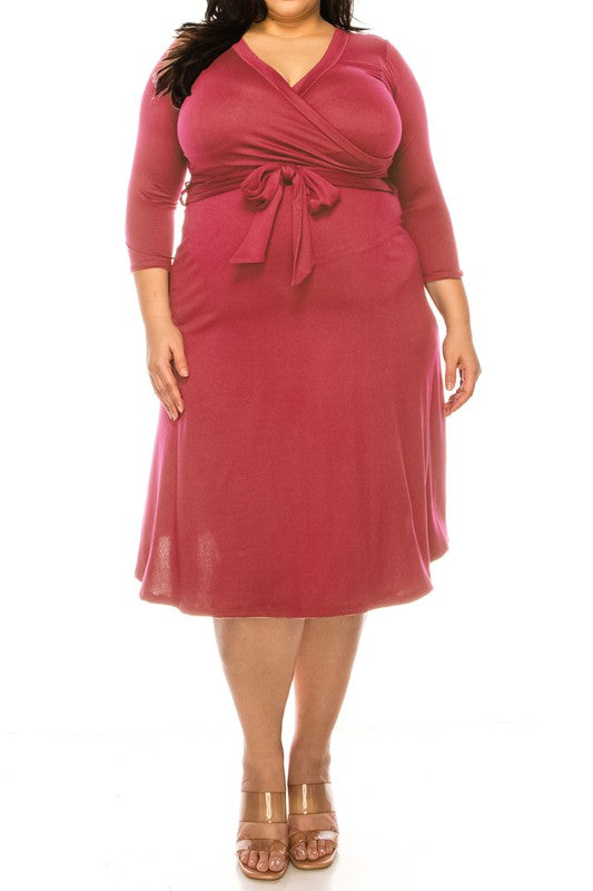 Plus Size Solid Color Faux Wrap Dress **also in black, burgundy, rose, mocha, and blue