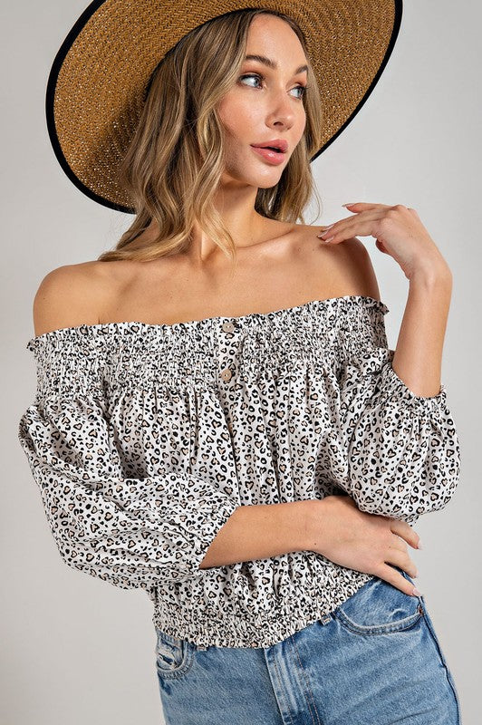 Animal Print Smocked Off the Shoulder Top **also available in blue