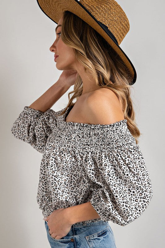 Animal Print Smocked Off the Shoulder Top **also available in blue