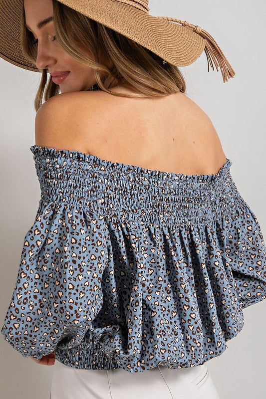 Animal Print Smocked Off the Shoulder Top **also available in blue