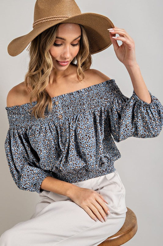 Animal Print Smocked Off the Shoulder Top **also available in blue