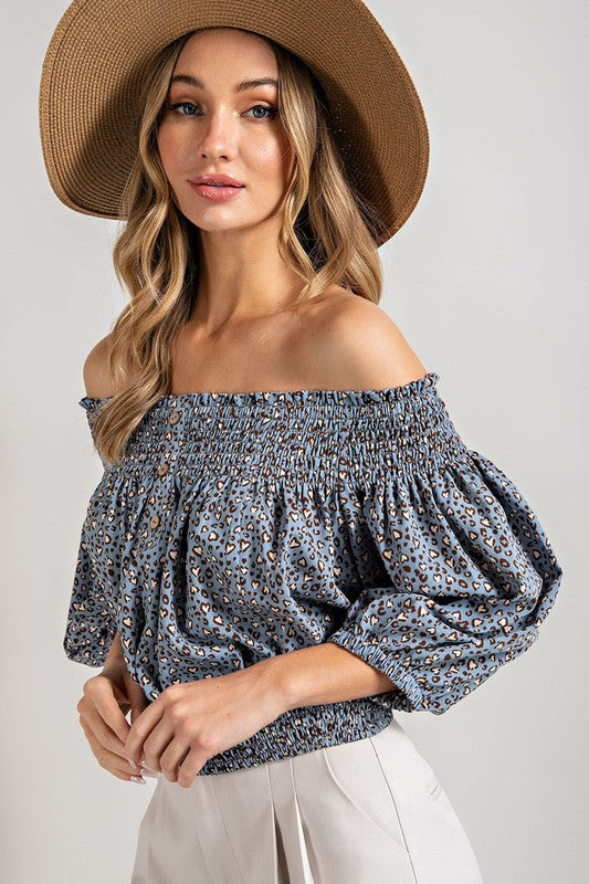 Animal Print Smocked Off the Shoulder Top **also available in blue