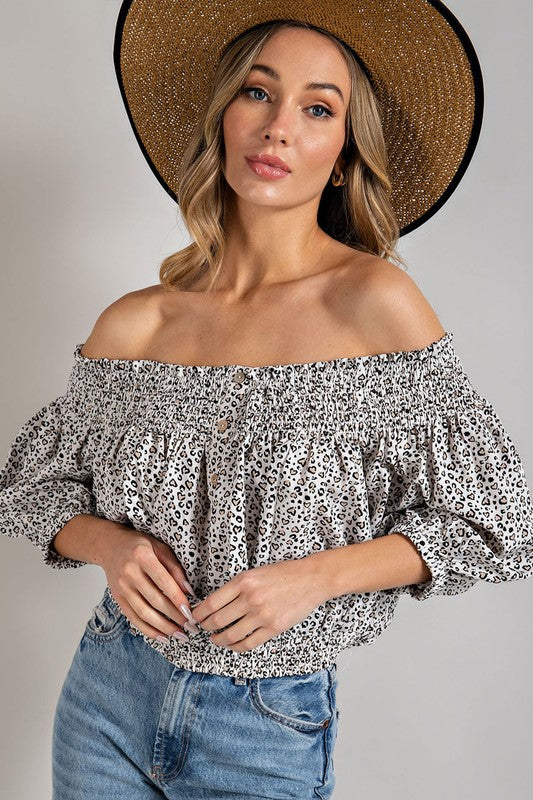 Animal Print Smocked Off the Shoulder Top **also available in blue