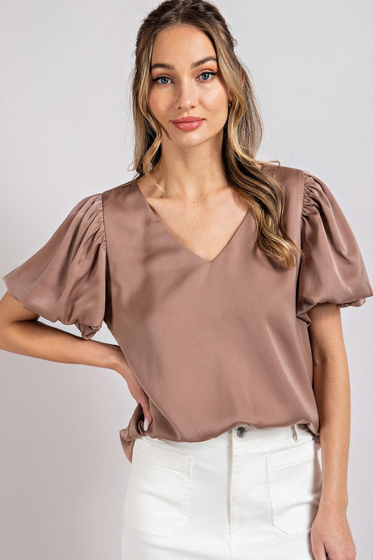 Eesome V-Neck Puff Sleeve Blouse Top **also available in black and white