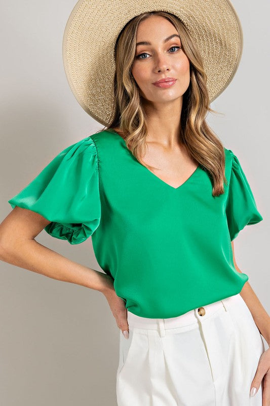 Eesome V-Neck Puff Sleeve Blouse Top **also available in black and white