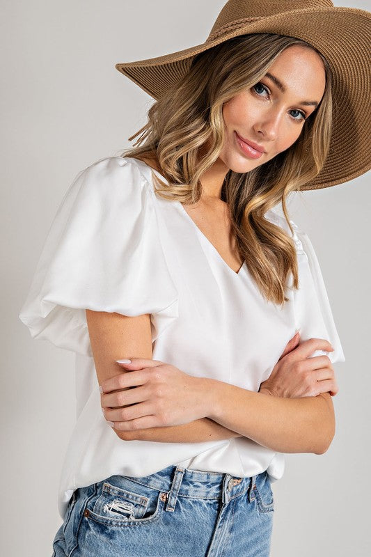 Eesome V-Neck Puff Sleeve Blouse Top **also available in black and white