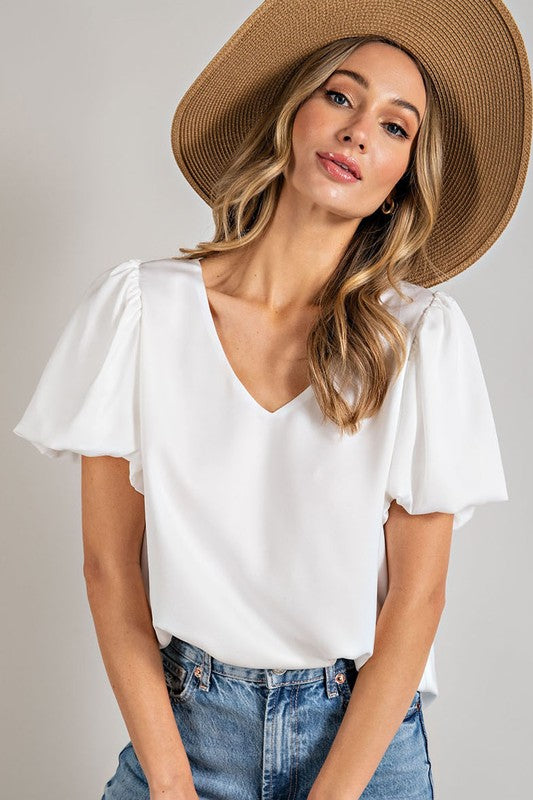 Eesome V-Neck Puff Sleeve Blouse Top **also available in black and white