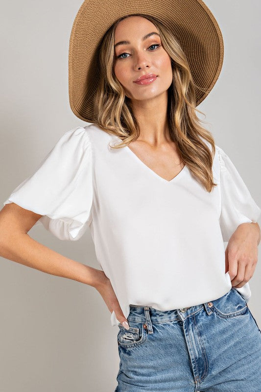 Eesome V-Neck Puff Sleeve Blouse Top **also available in black and white