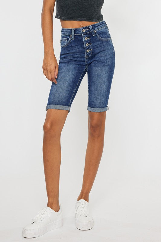 KanCan High Rise Cuff Bermuda Jean Shorts with Button Fly