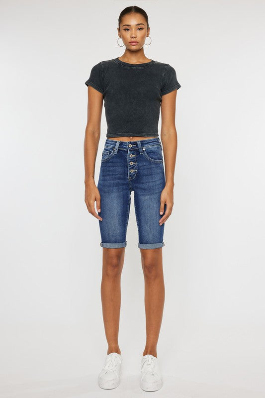 KanCan High Rise Cuff Bermuda Jean Shorts with Button Fly