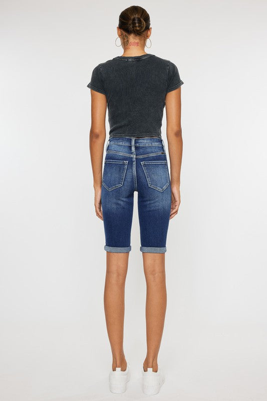 KanCan High Rise Cuff Bermuda Jean Shorts with Button Fly