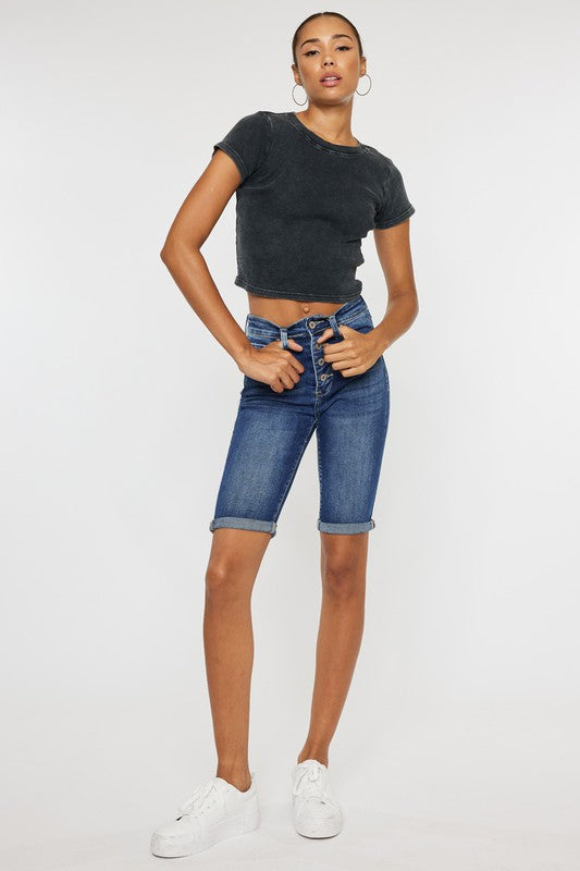KanCan High Rise Cuff Bermuda Jean Shorts with Button Fly