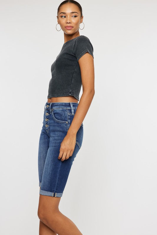 KanCan High Rise Cuff Bermuda Jean Shorts with Button Fly