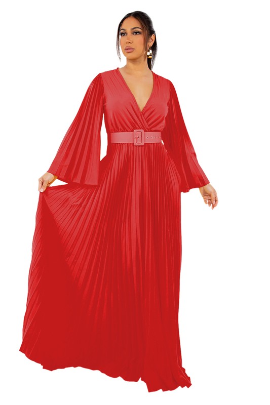 By Claude Flowing Long Sleeve Pleated Maxi Dress