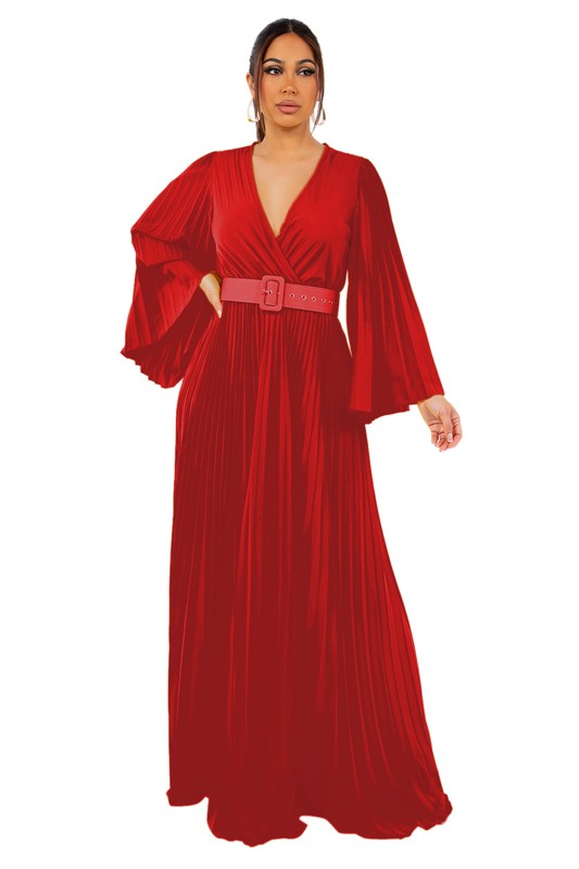 By Claude Flowing Long Sleeve Pleated Maxi Dress