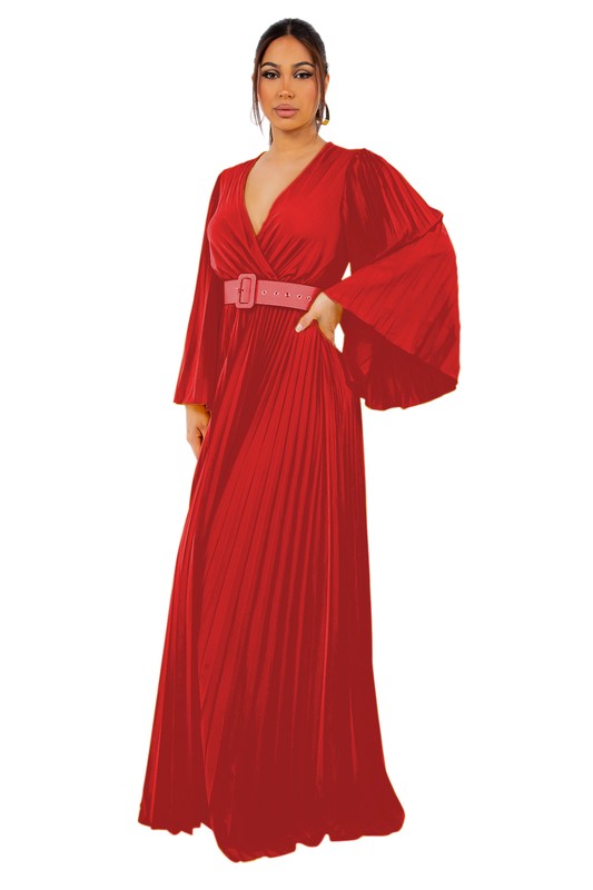 Brunette model wearing a long bell sleeve maxi dress in cherry red with a belted waist against a white backdrop.