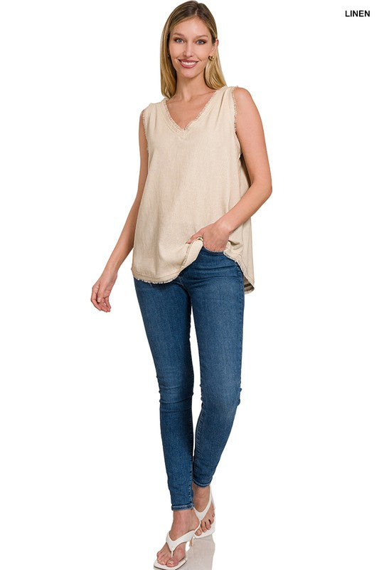 Zenana Linen Pre-Washed Frayed Edge V-Neck Sleeveless Top **also available in sand beige