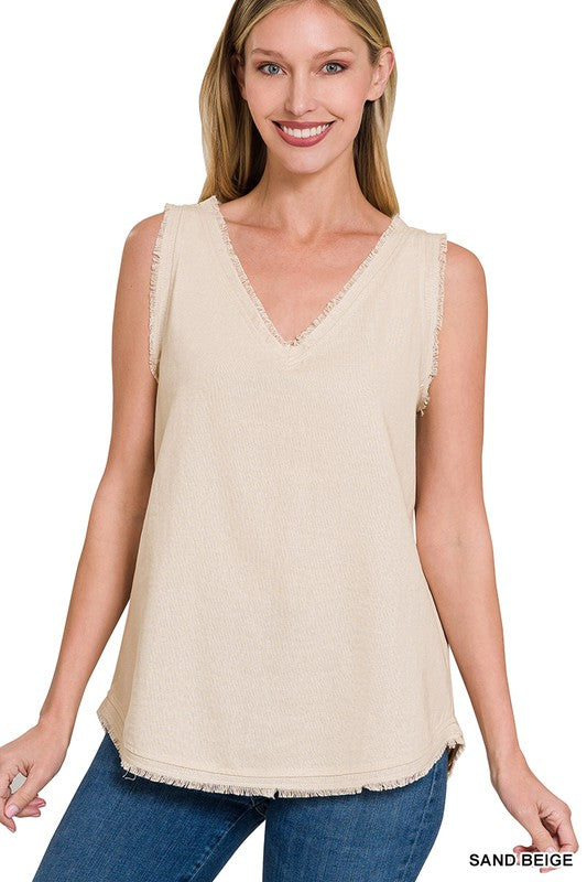 Zenana Linen Pre-Washed Frayed Edge V-Neck Sleeveless Top **also available in sand beige