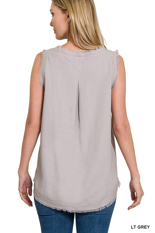 Zenana Linen Pre-Washed Frayed Edge V-Neck Sleeveless Top **also available in sand beige